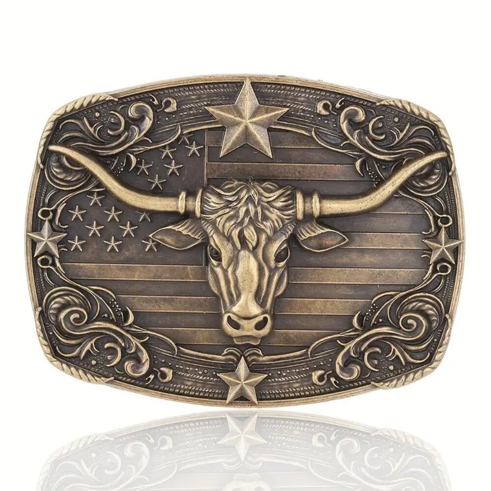 American Flag Bull Western Cowboy, Cowgirl Belt Buckle Antique Bronze Tone‎ - Picture 3 of 3